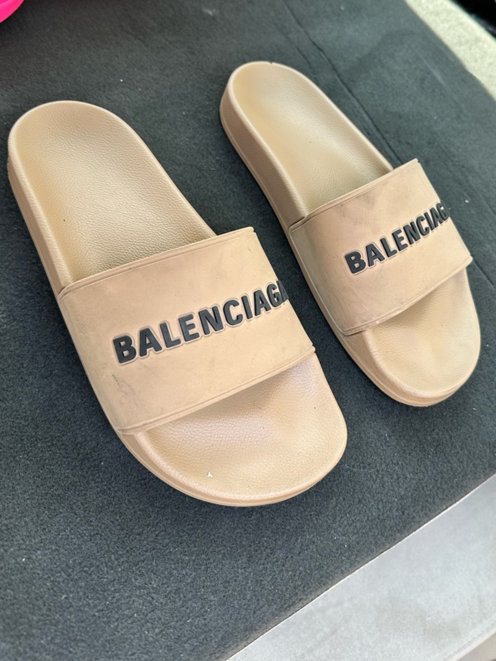 Balenciaga Taupe Slide Sandals with Black Logo